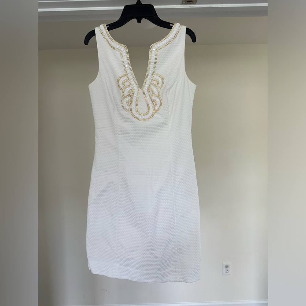 Lilly Pulitzer White Beaded Janice Shift Dress - White and gold - Size 2